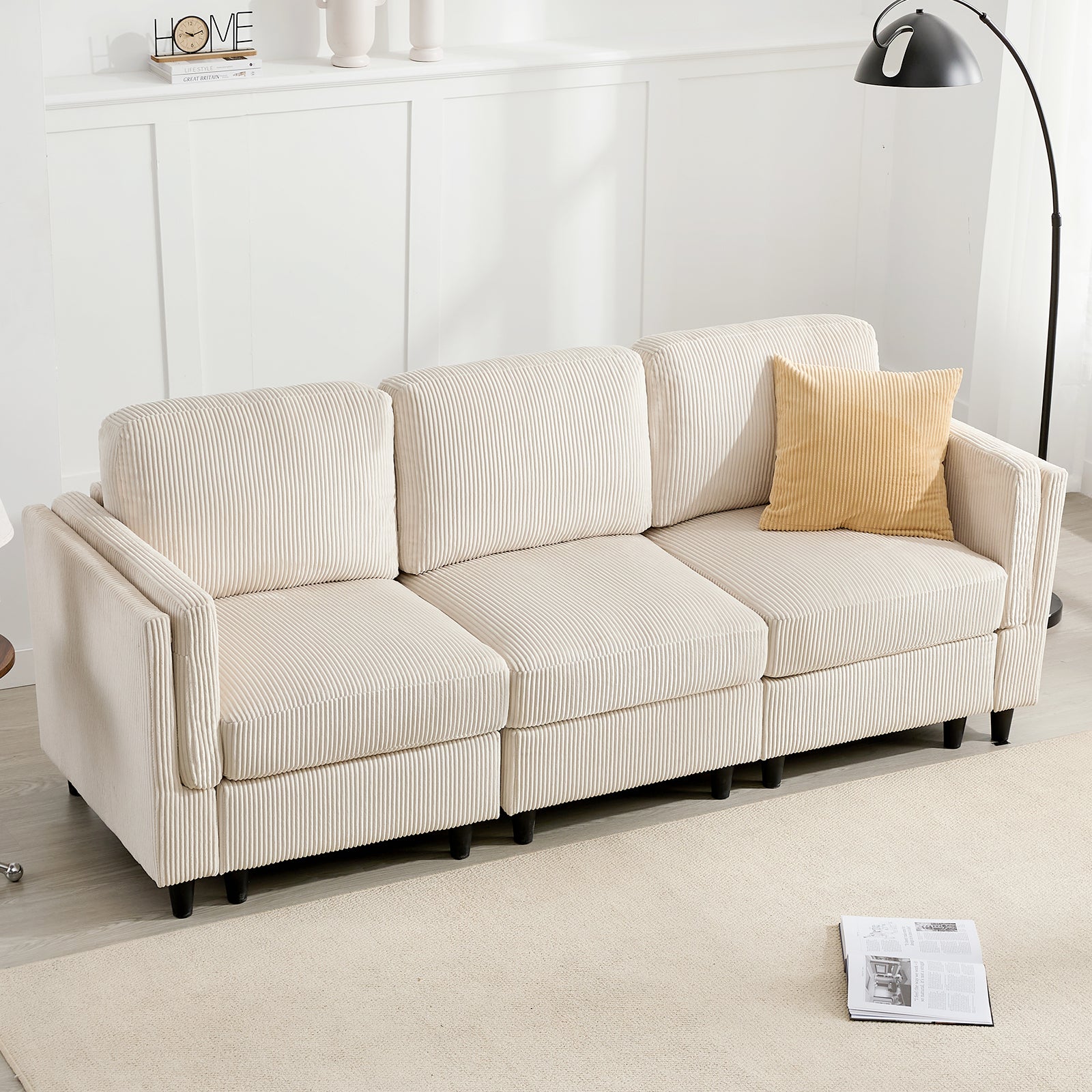 White Plush Fabric 3 Piece Modern Sectional Sofa