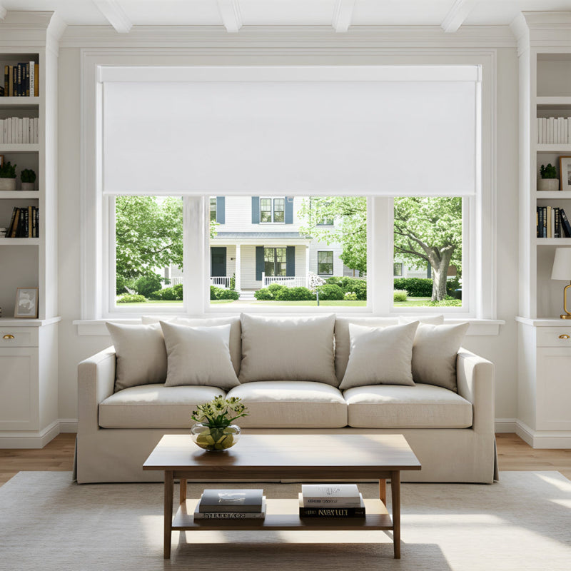 100% Blackout White Blinds in a living room windows 